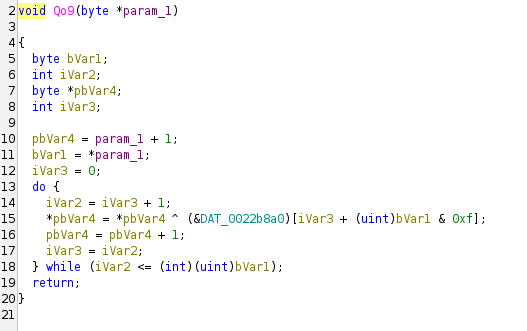 Disassembly of the Qo9 helper that applies the 16-byte XOR key