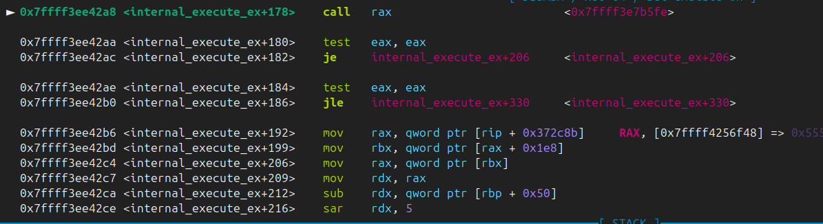 Live debugger trace showing call rax jumping into handlers